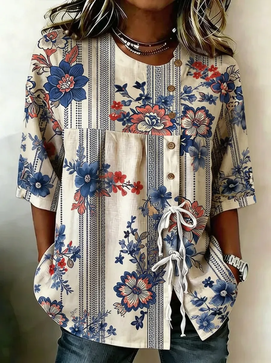 Women's Nashville Floral Geometric Printed Button-Down Top