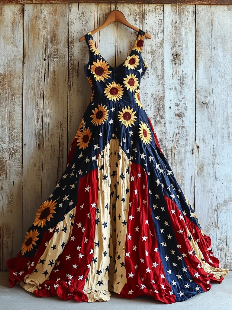 Women's Vintage Independence Day Flag Sunflower Art Linen Midi Dress