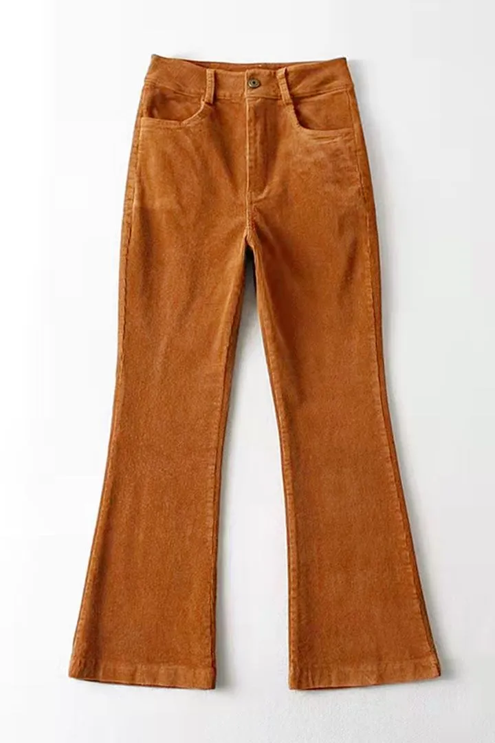Solid Corduroy Patched Back High Waist Flare Pants