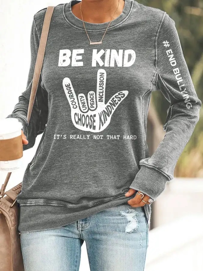 Retro Pink Shirt Day Anti-Bullying Be Kind It's Really Not That Hard Love Hand Sign End Bullying Print Sweatshirt