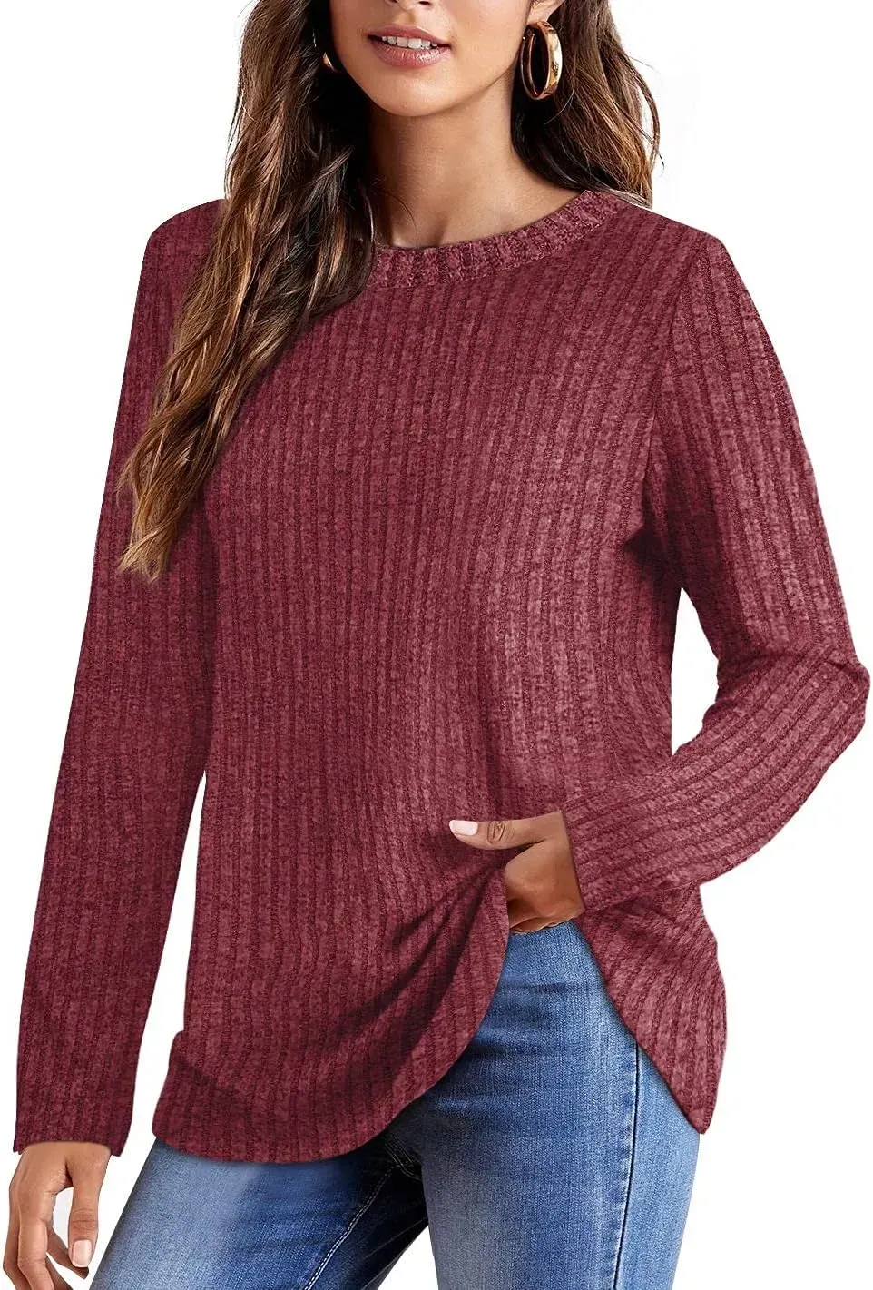 OFEEFAN Long Sleeve Shirts for Women Lightweight Crew Neck Casual Tunic Tops