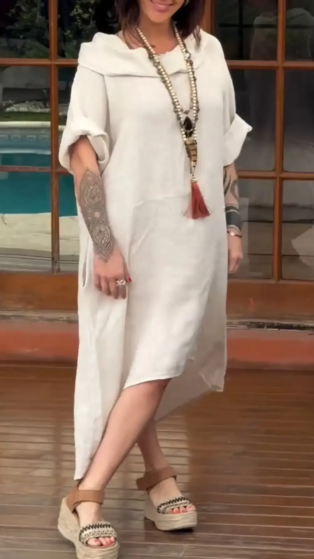 Women's Hooded Cotton and Linen Short-sleeved Casual Dress