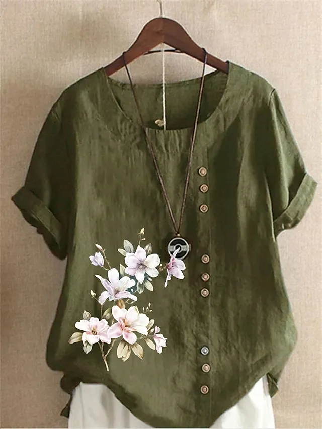 Women's Linen Shirt T shirt Tee Cotton Linen Navy Blue Blue Army Green Floral Button Print Short Sleeve Daily Vacation Going out Streetwear Crewneck Regular Fit Summer Spring
