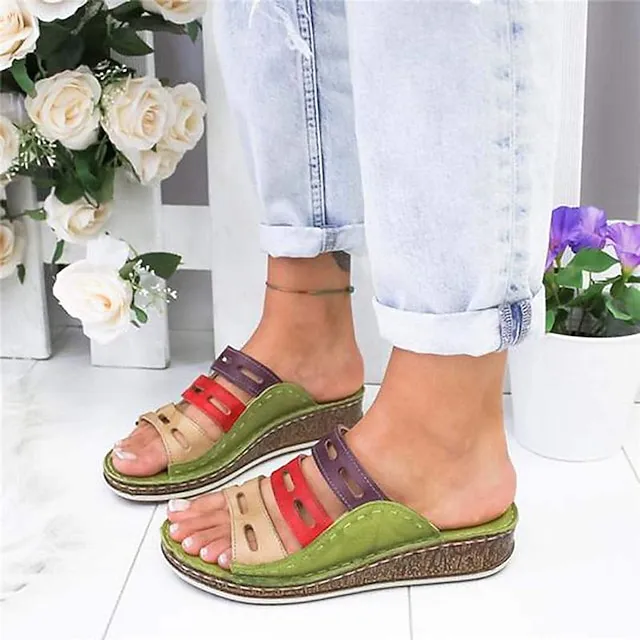 Women's Sandals Boho Bohemia Beach Wedge Sandals Outdoor Slippers Outdoor Daily Beach Summer Spring Wedge Heel Open Toe Classic Casual Faux Leather Loafer Color Block White Red Blue