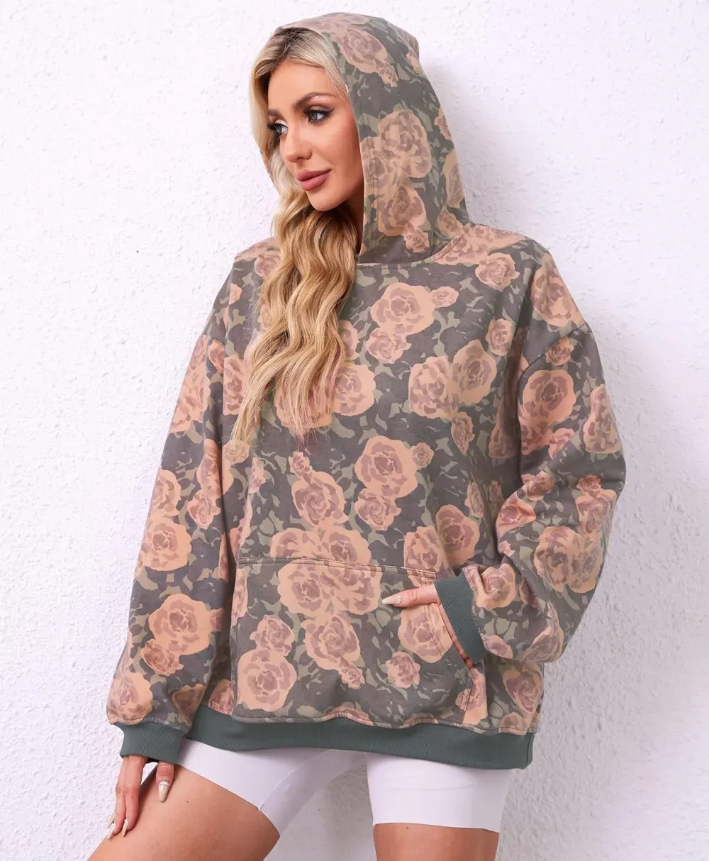 Womens Camo Hoodies Maple Leaf Print Oversized Hooded Sweatshirt Fleece Pullover Sweatshirts Long Sleeve with Pocket