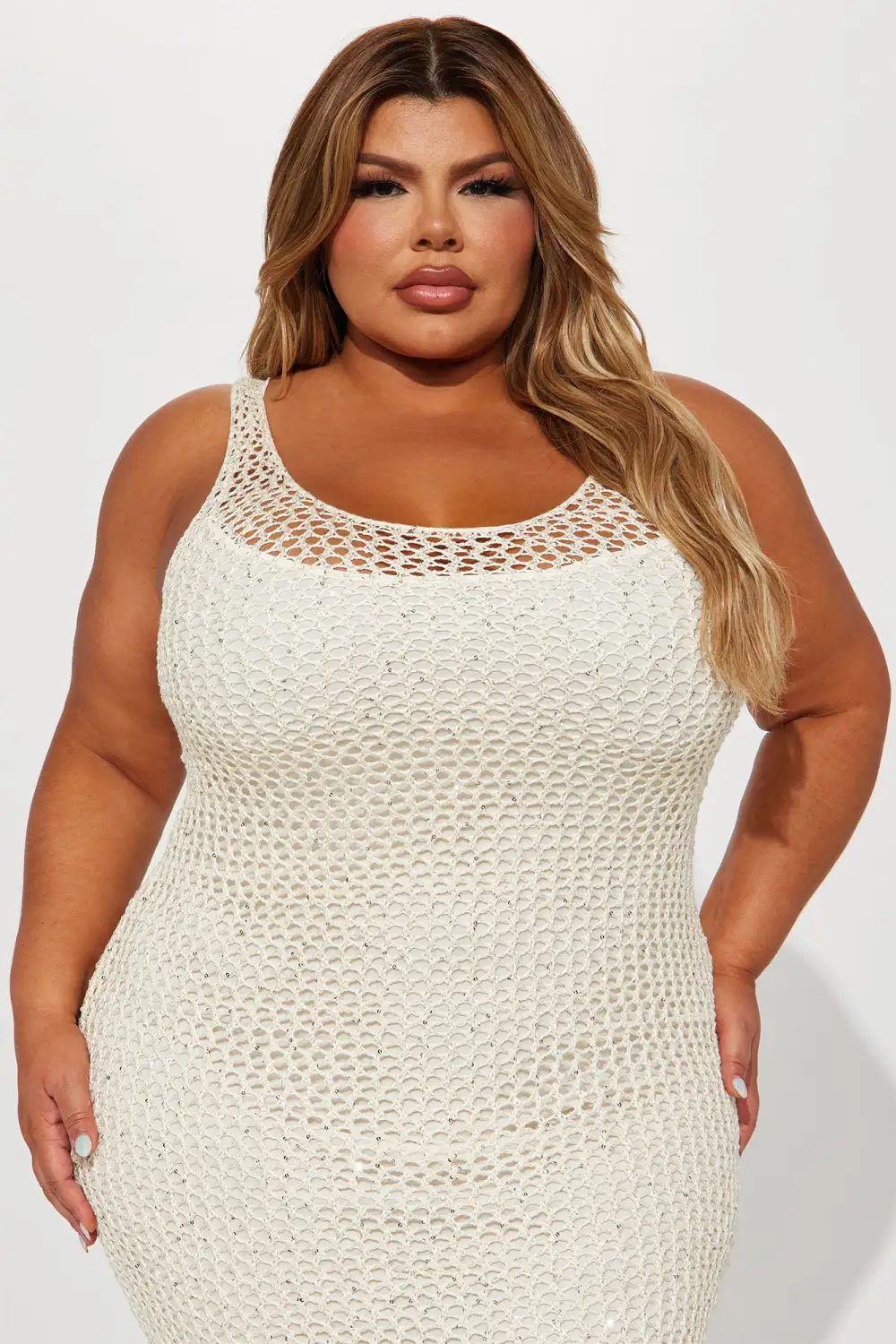 Kaylie Sequin Crochet Midi Dress - Ivory
