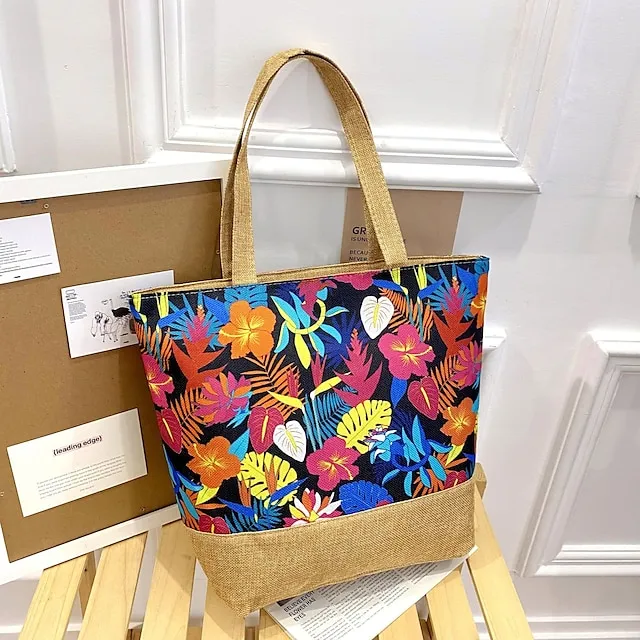 Women's Tote Shoulder Bag Canvas Tote Bag Canvas Outdoor Daily Holiday Zipper Flower Print Large Capacity Foldable Lightweight Geometric Flower Colorful feathers Autumn leaves Rainforest