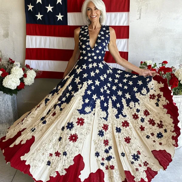 Women's Independence Day Flag And Floral Print Sleeveless V Neck Dress