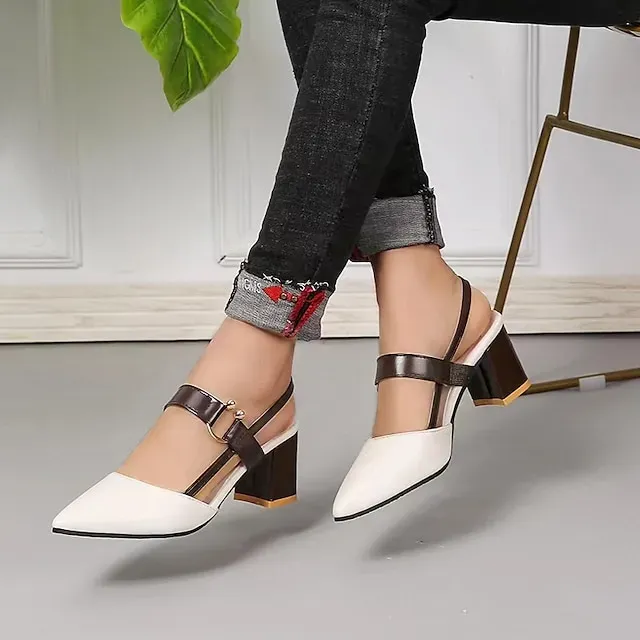 Women's Sandals Block Heel Sandals Ankle Strap Sandals Party Outdoor Daily Summer Block Heel Low Heel Chunky Heel Pointed Toe Sexy Classic Casual PU Leather Faux Leather Ankle Strap Color Block White