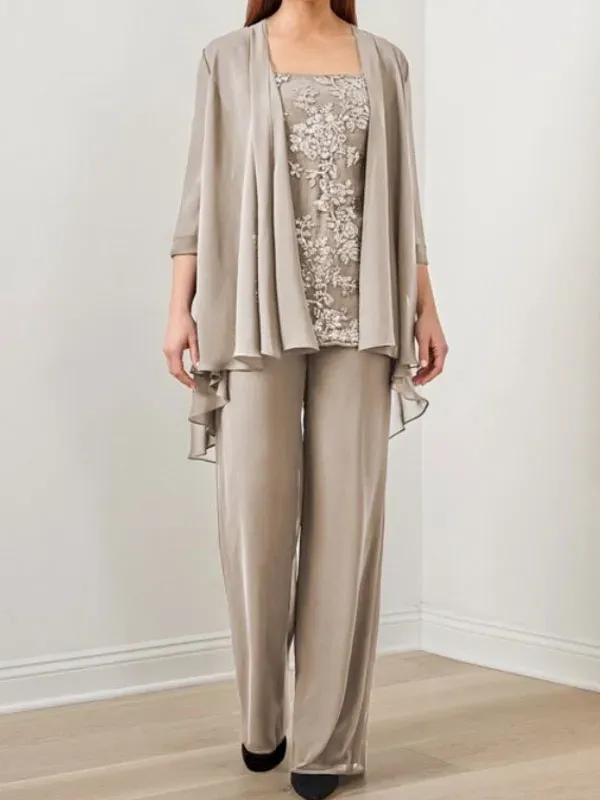 Suit Sequined Chiffon Embroidered Top + Chiffon Long Pants