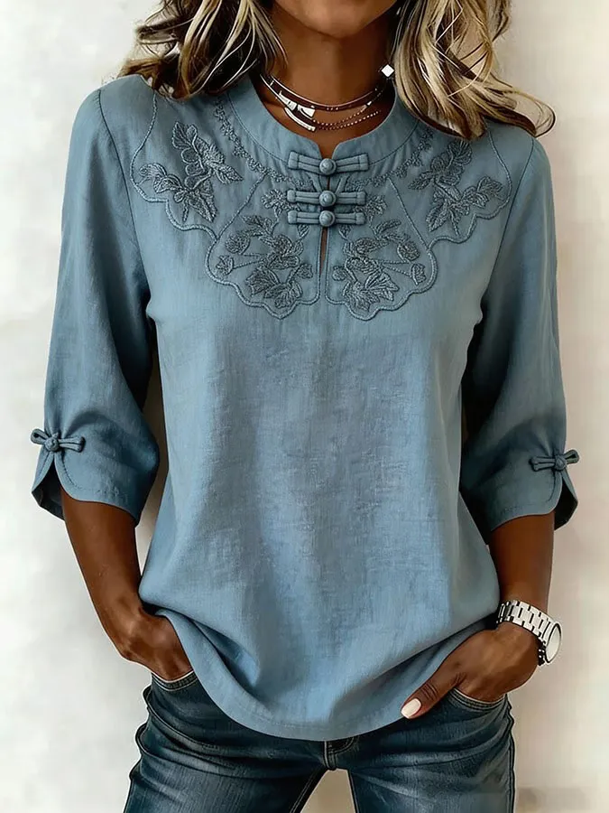 Women'S Retro Cotton Linen Flower Art Printing Design Casual T-Shirt