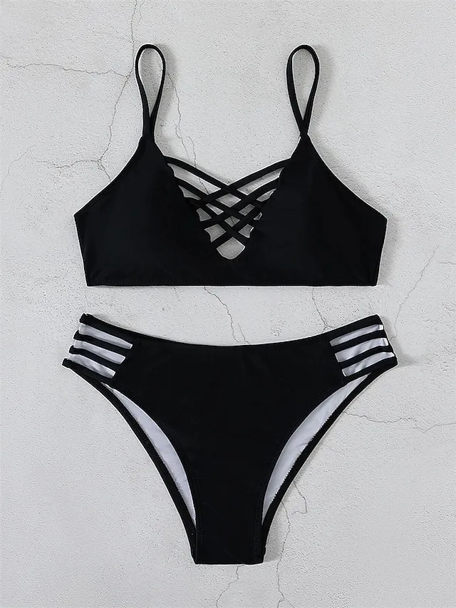 Women's Swimwear Bikini 2 Piece Normal Swimsuit Backless 2 Piece Sexy Hole Pure Color Black Strap Bathing Suits New Vacation Sexy