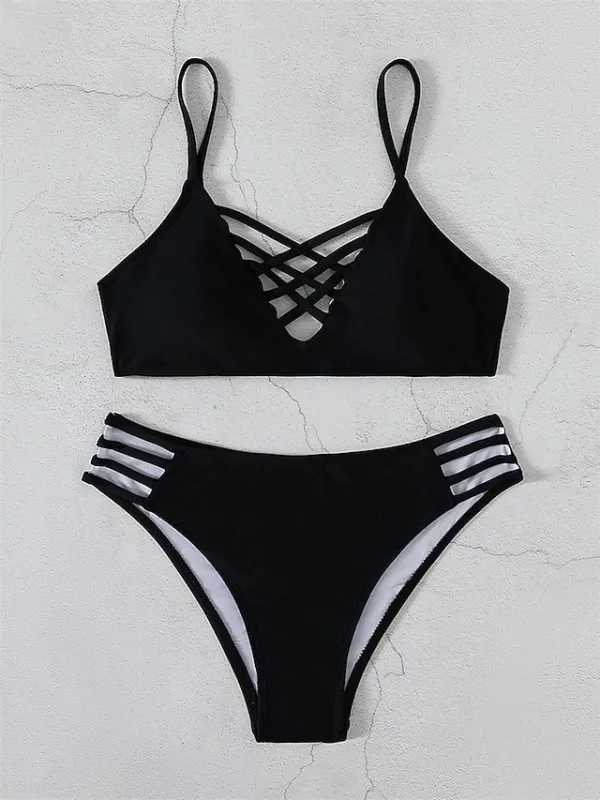 Women's Swimwear Bikini 2 Piece Normal Swimsuit Backless 2 Piece Sexy Hole Pure Color Black Strap Bathing Suits New Vacation Sexy