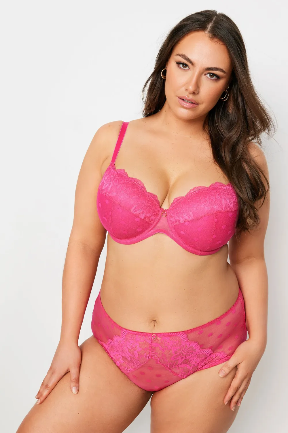 YOURS Curve Hot Pink Dot Print Lace Padded Bra