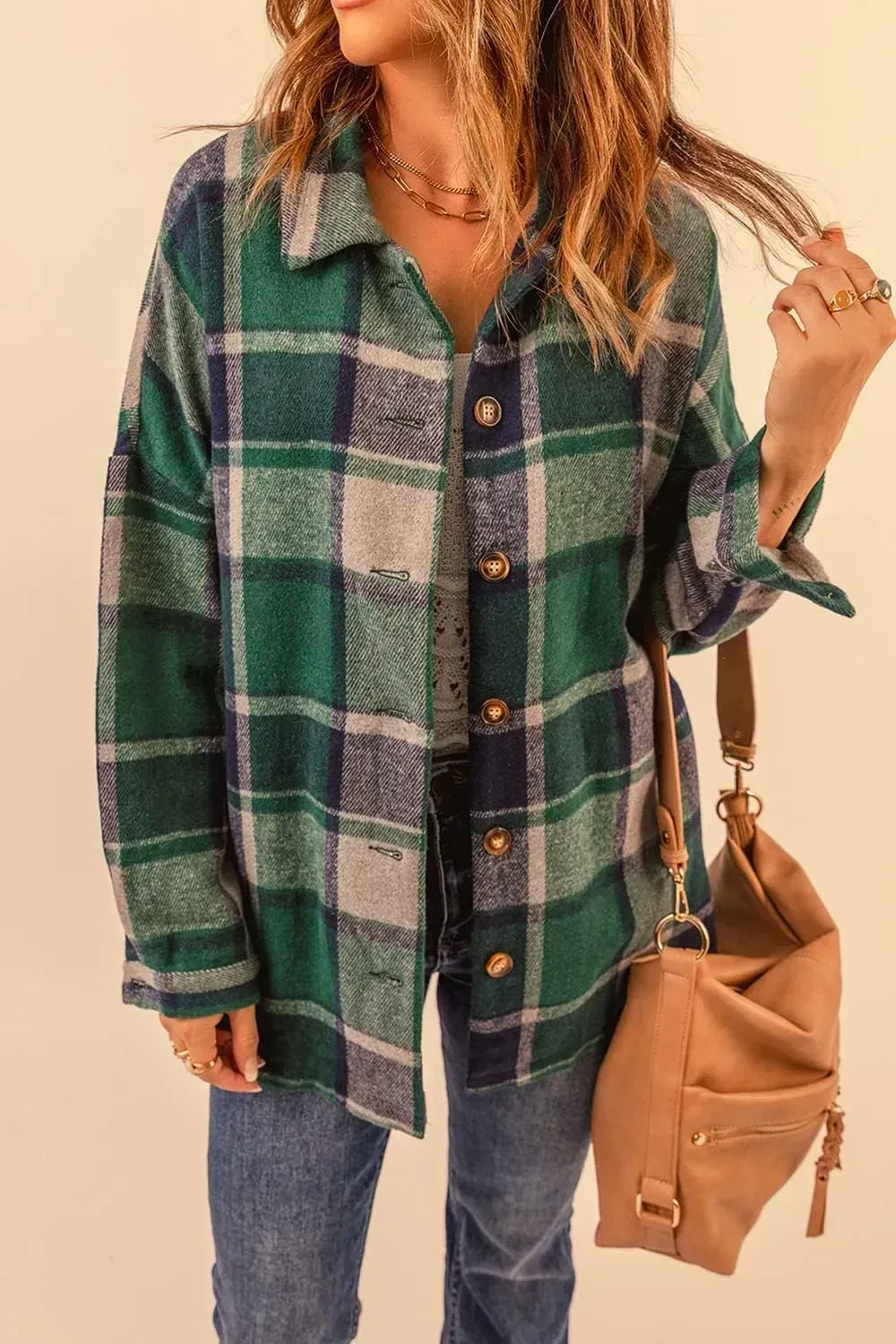 Women's 2023 Fall Clothes Plaid Shacket Jacket Long Sleeve Button Down Flannel Shirts Fashion Blouse