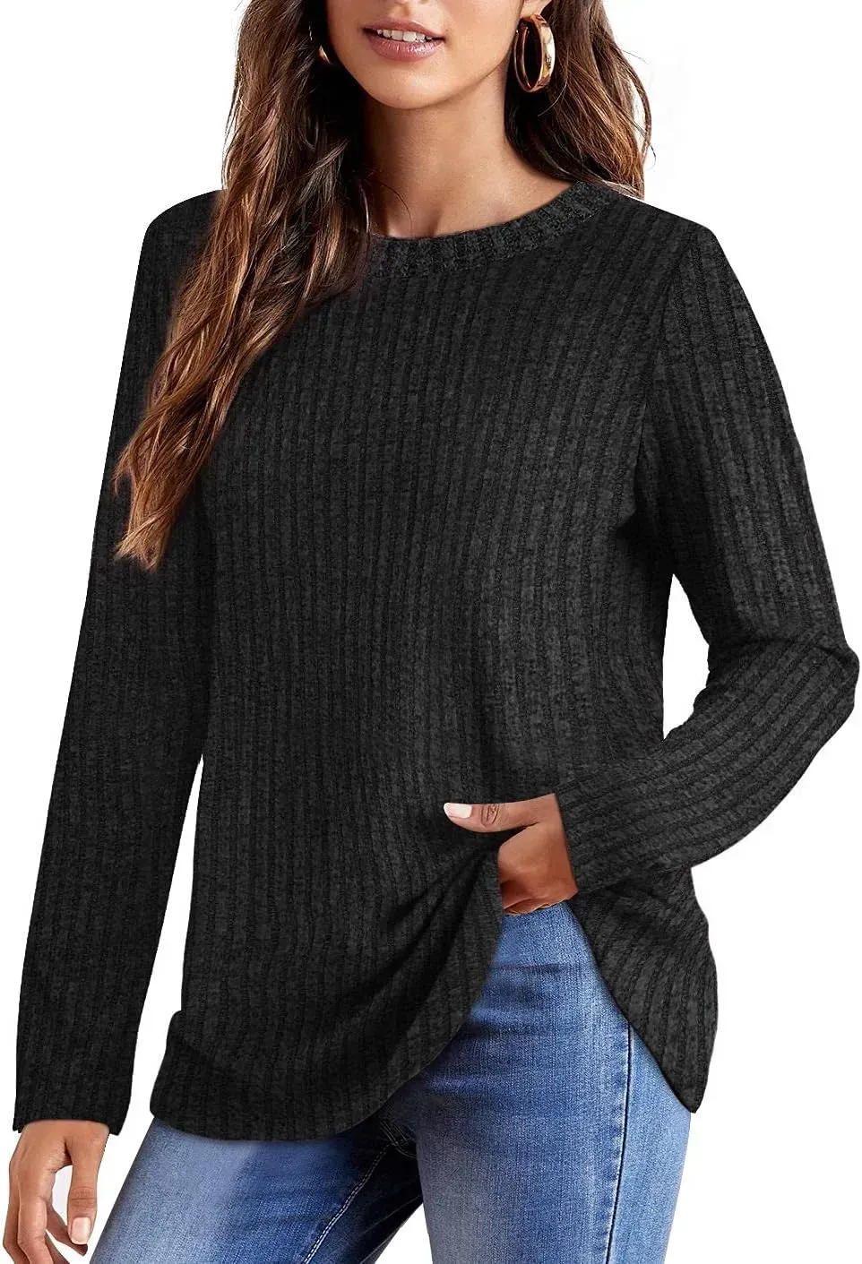 OFEEFAN Long Sleeve Shirts for Women Lightweight Crew Neck Casual Tunic Tops