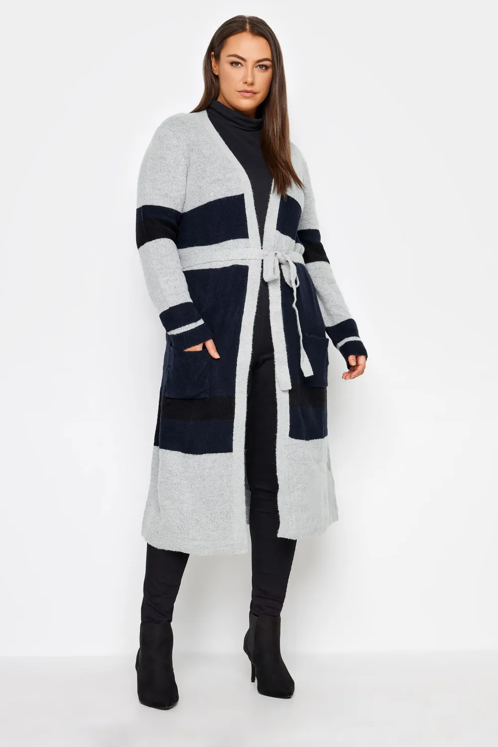 Evans Grey & Navy Blue Colour Block Maxi Cardigan