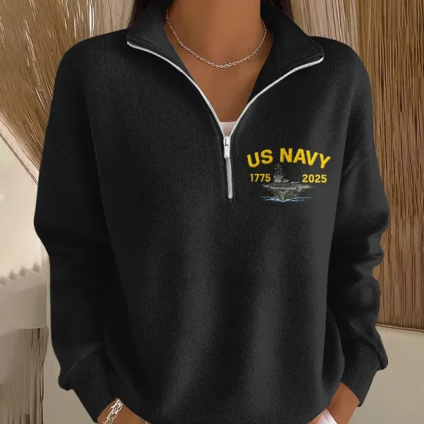 Women's Navy Print Casual Zip-Up Sweatshirt
