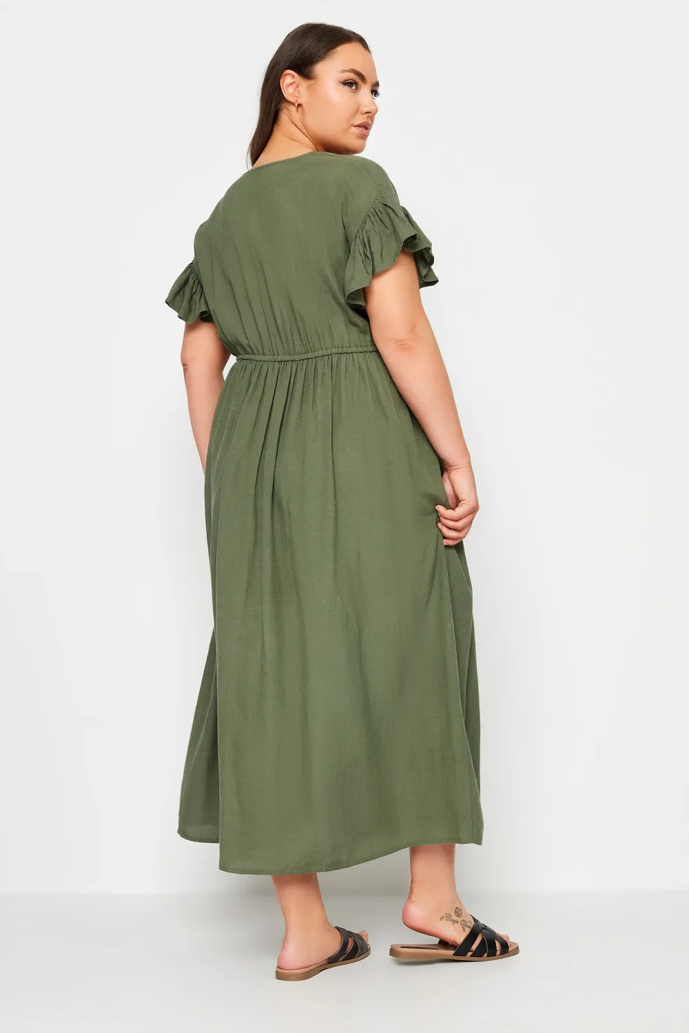 YOURS Curve Khaki Green Linen Maxi Dress