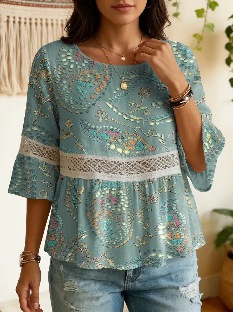 Women's Nashville Boho Paisley Lace Trim Printed Top