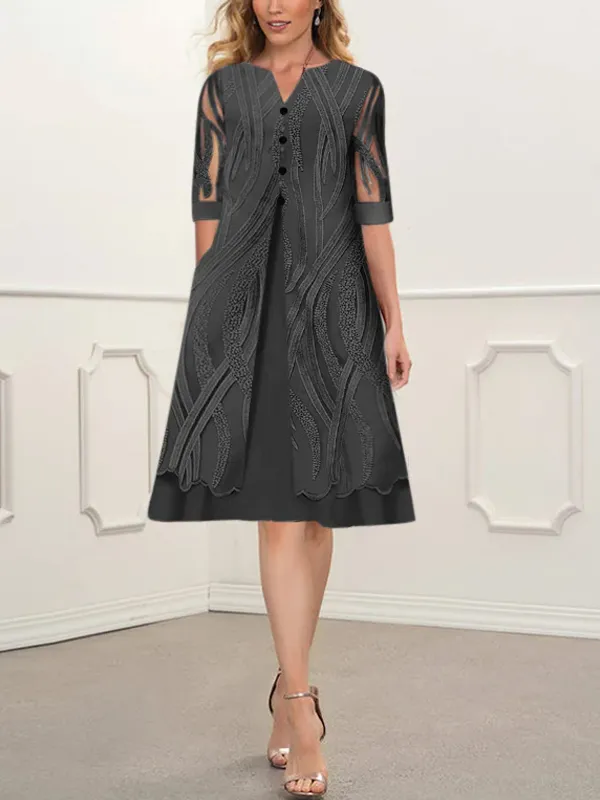 Printed V-Neck Pocket Short Sleeve Dress