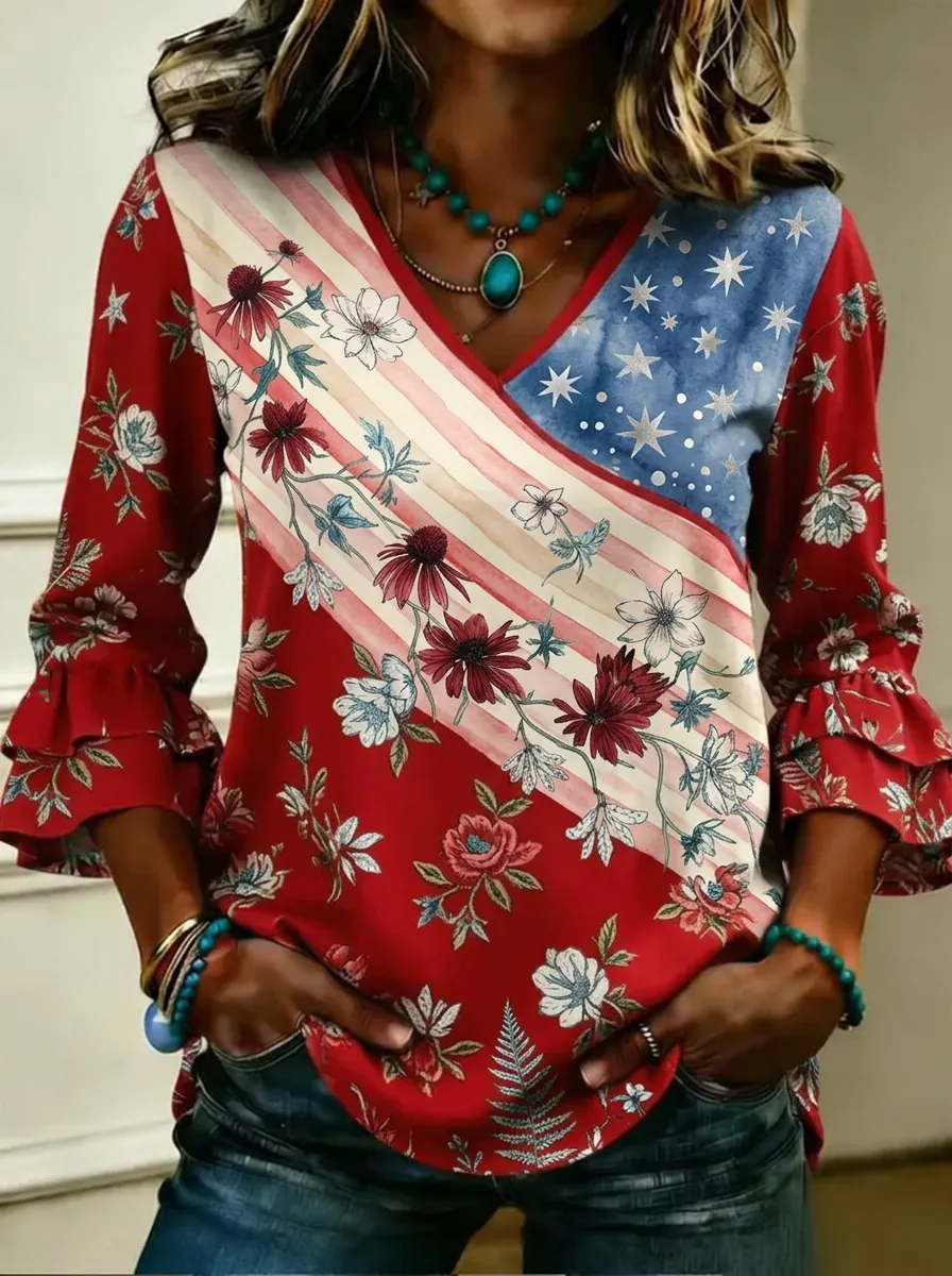 Women's Nashville Patriotic Floral Star Striped Printed V-neck Top