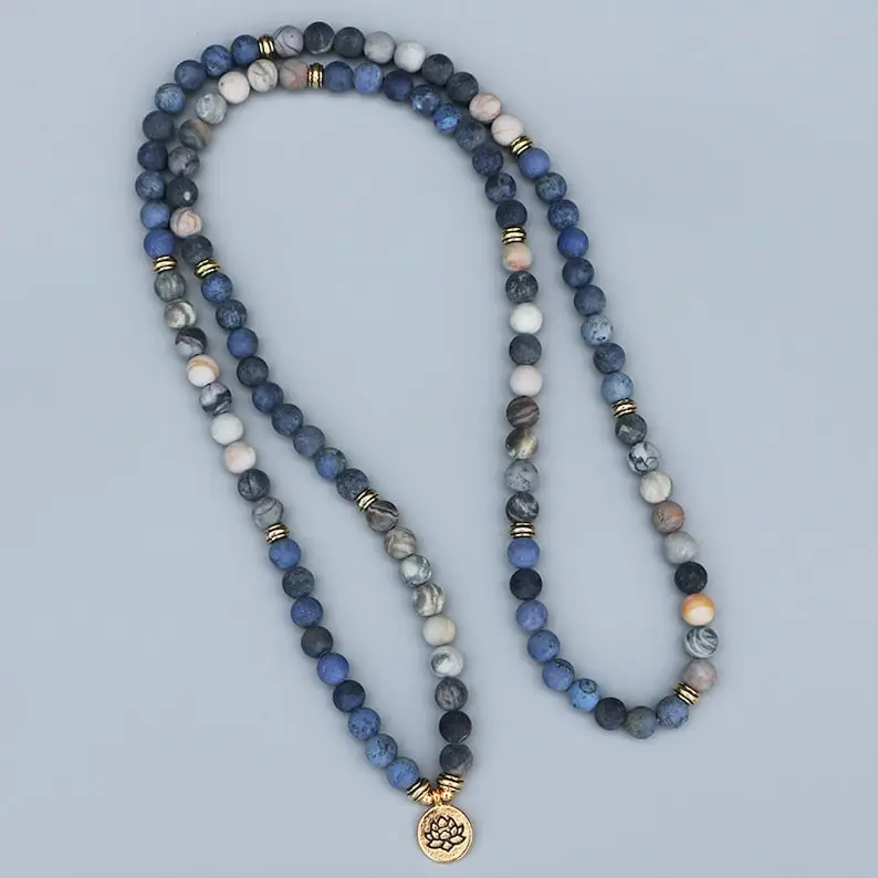 108 Beads Mala Lotus Bracelet-Mala Prayer Bead Necklace-8MM Matte Blue Stone Bracelet-Meditation Yoga Bracelet-Spiritual Chakra Bracelet
