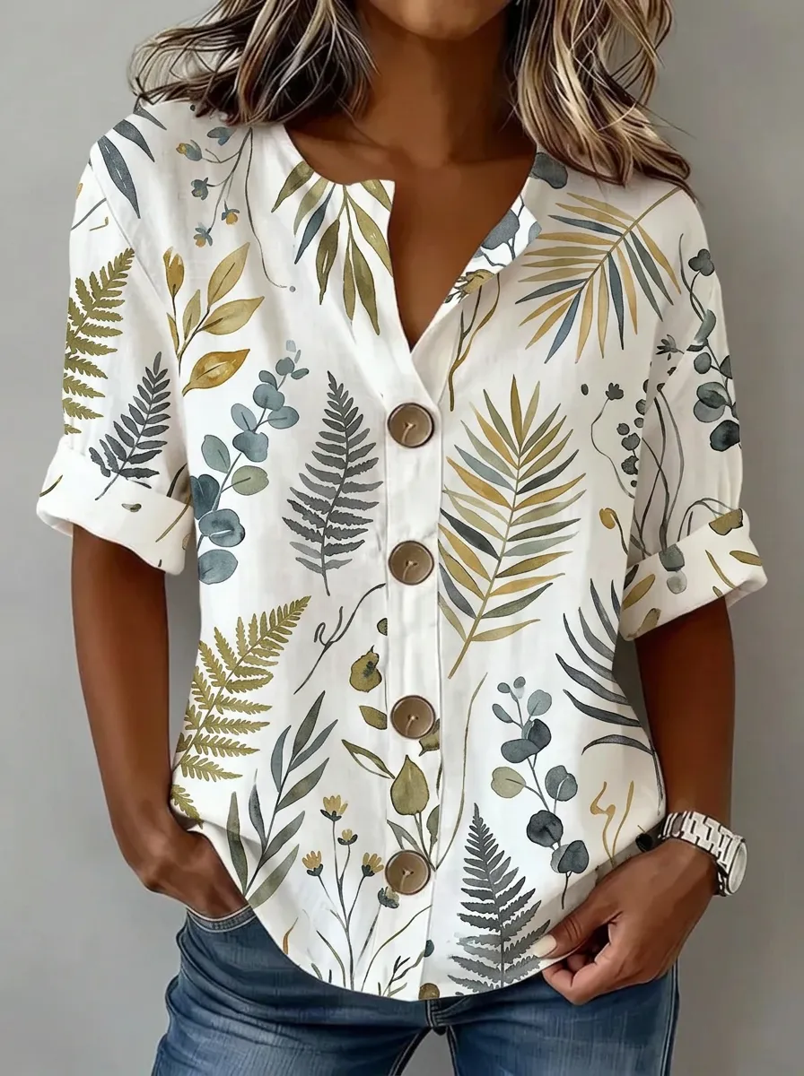 Women's Nashville Botanical Fern Leaf Printed Button-Up Shirt