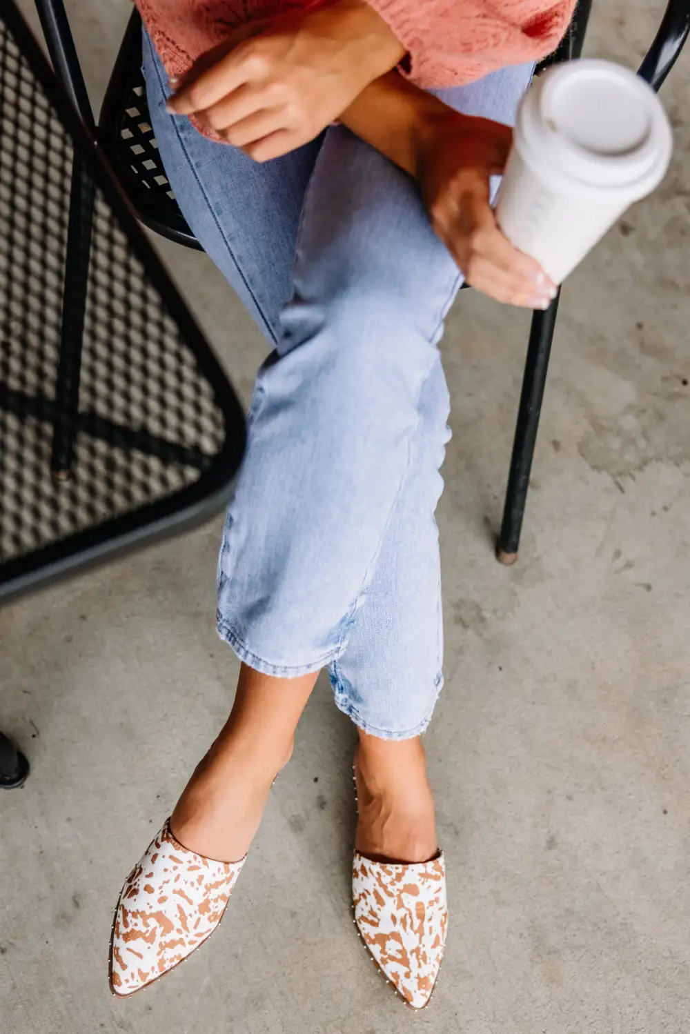 On Good Terms Tan Brown Cow Print Mules