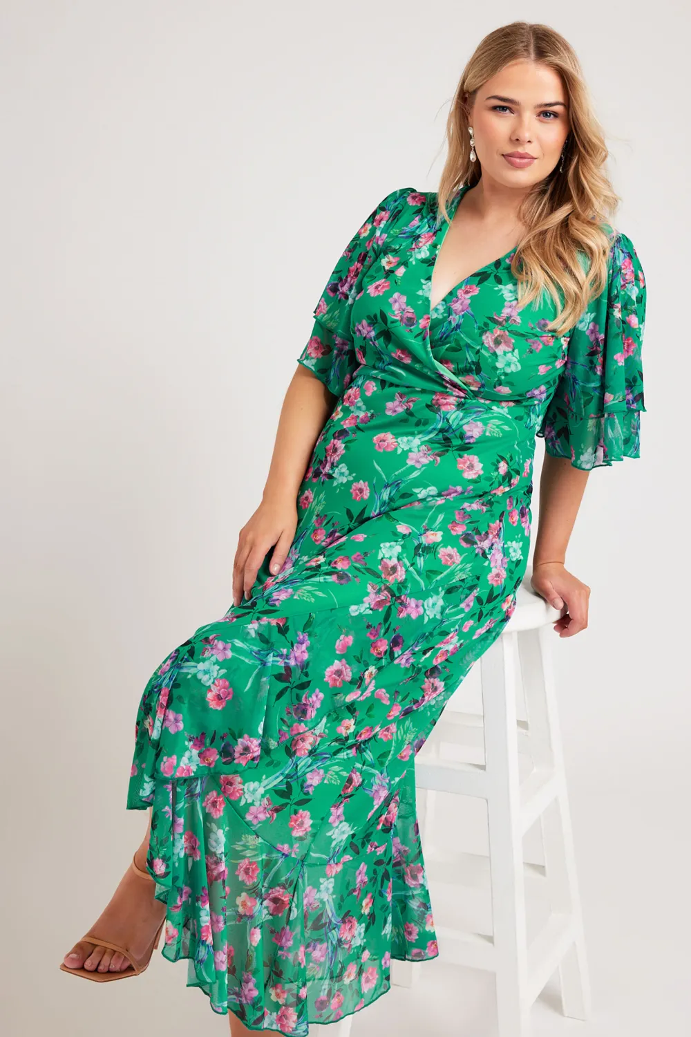 YOURS LONDON Curve Green Floral Print Wrap Maxi Dress