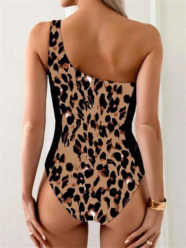 Women's Swimwear One Piece Monokini Bathing Suits Normal Swimsuit Open Back Printing High Waisted Leopard Print Sports Fashion Bathing Suits