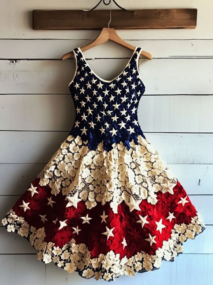 Women's Vintage Independence Day Flowers Art Mini Dress
