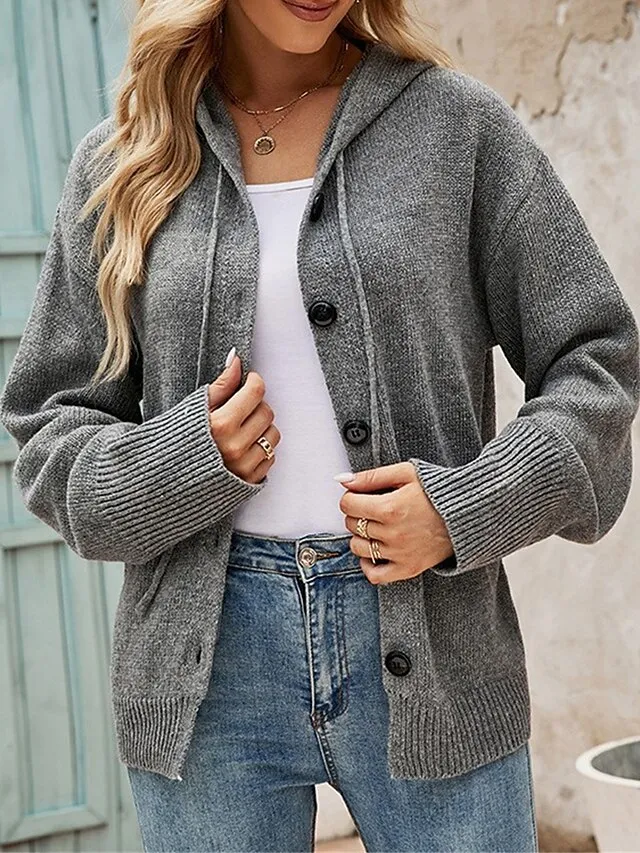 Women's Cardigan Sweater Jumper Ribbed Knit Regular Button Solid Color Hooded Stylish Casual Outdoor Daily Fall Winter Black White S M L