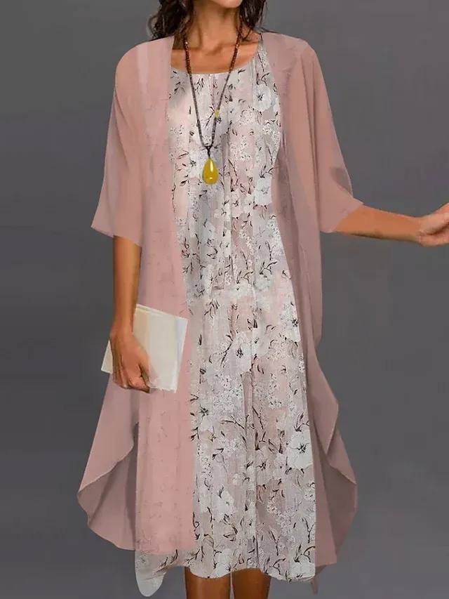 Round Neck Loose Casual Floral Print Loose Casual Suit Midi Dress