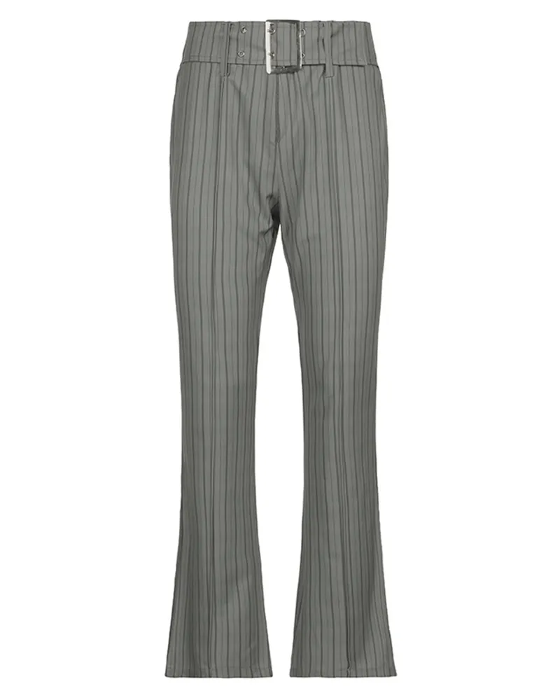 Striped Seam Front Buckle Belted Zip Up Flare Pants