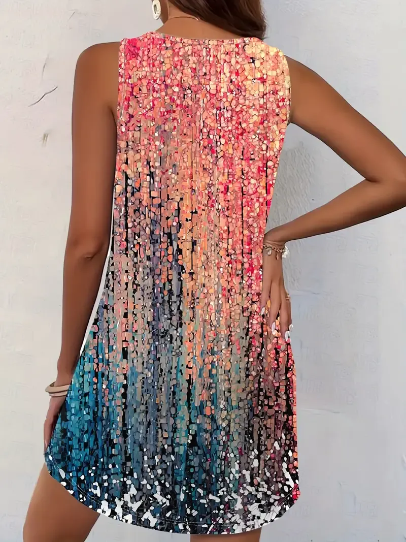 Colorful Summer Fashion Casual Women's Sleeveless Dress - Vibrant Gradient Print, Round Neck, Polyester Blend, Machine Washable, Casual Summer Dresses