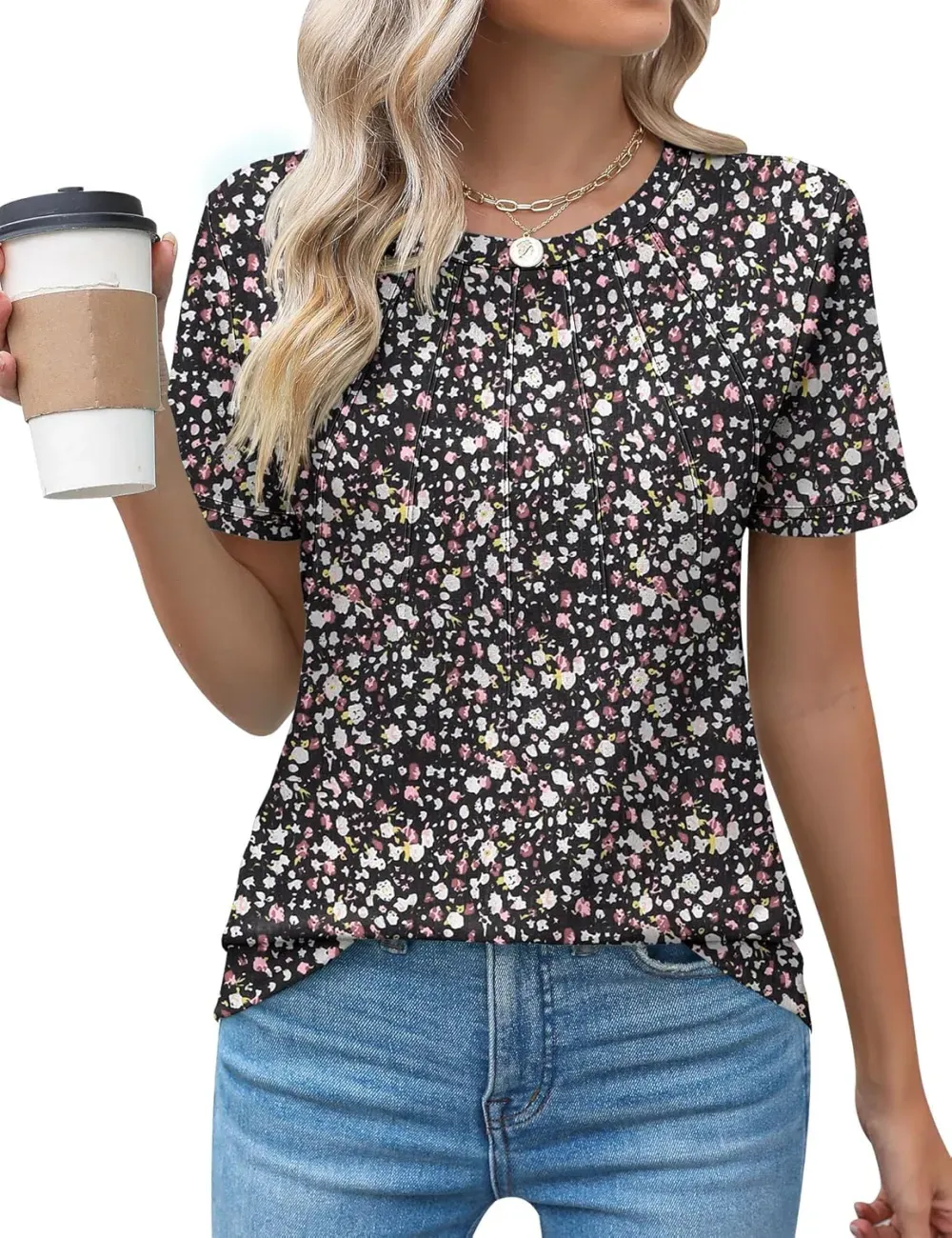 Kistore Womens Casual Crew Neck Short Sleeve Pleated Tops Blouses Fashion Clothes 2024