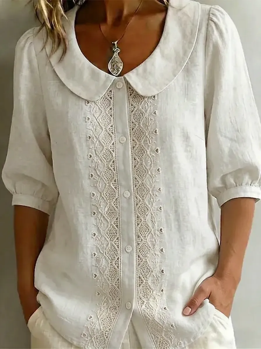 Women's Nashville Lace Trimmed Peter Pan Collar Printed Top