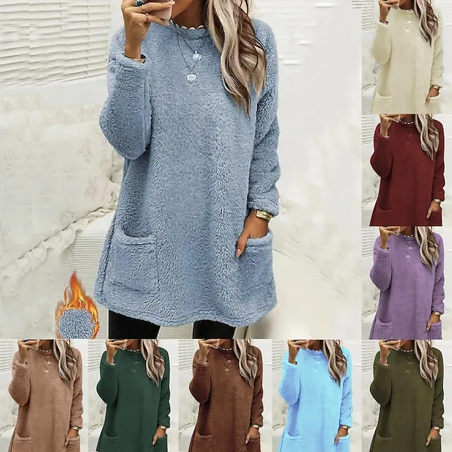 Women's Sweatshirt Pullover Fleece Sports Sherpa Fleece Teddy Pocket Marron Black White Solid Color Street Casual Round Neck Long Sleeve Top Micro-elastic Fall & Winter