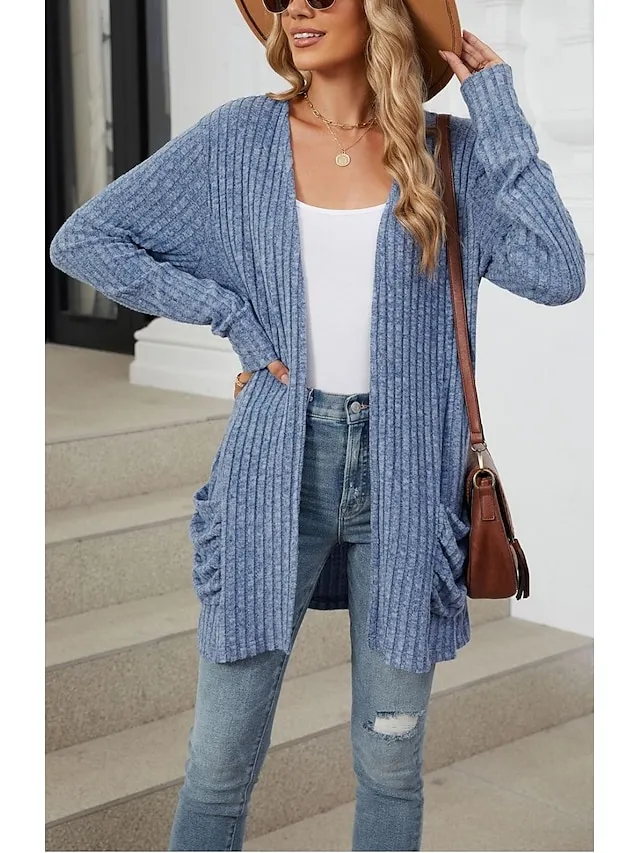Women's Cardigan Open Front Ribbed Knit Pocket Spring Fall Work Daily Elegant Casual Long Sleeve Solid Color Black Army Green