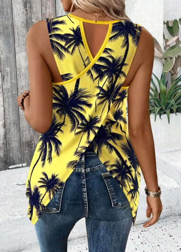 Neon Yellow Tropical Plants Print Sleeveless Tank Top