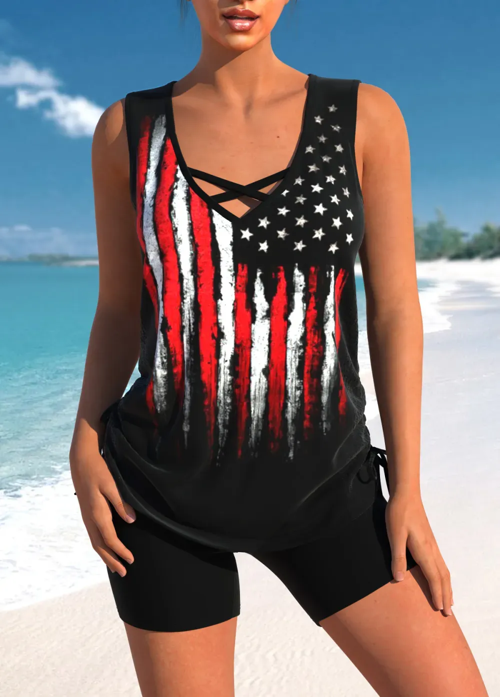 Floral Print Black Cross Strap Tankini Set