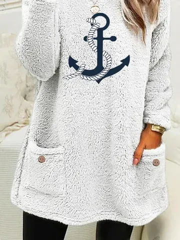 Women Anchor Crew Neck Long Sleeve Comfy Casual Midi Dress