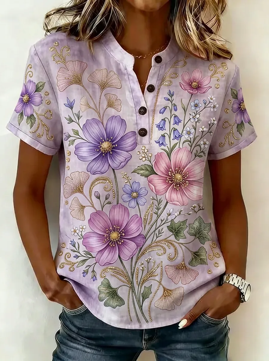 Women's Nashville Floral Botanical Printed Henley Shirt
