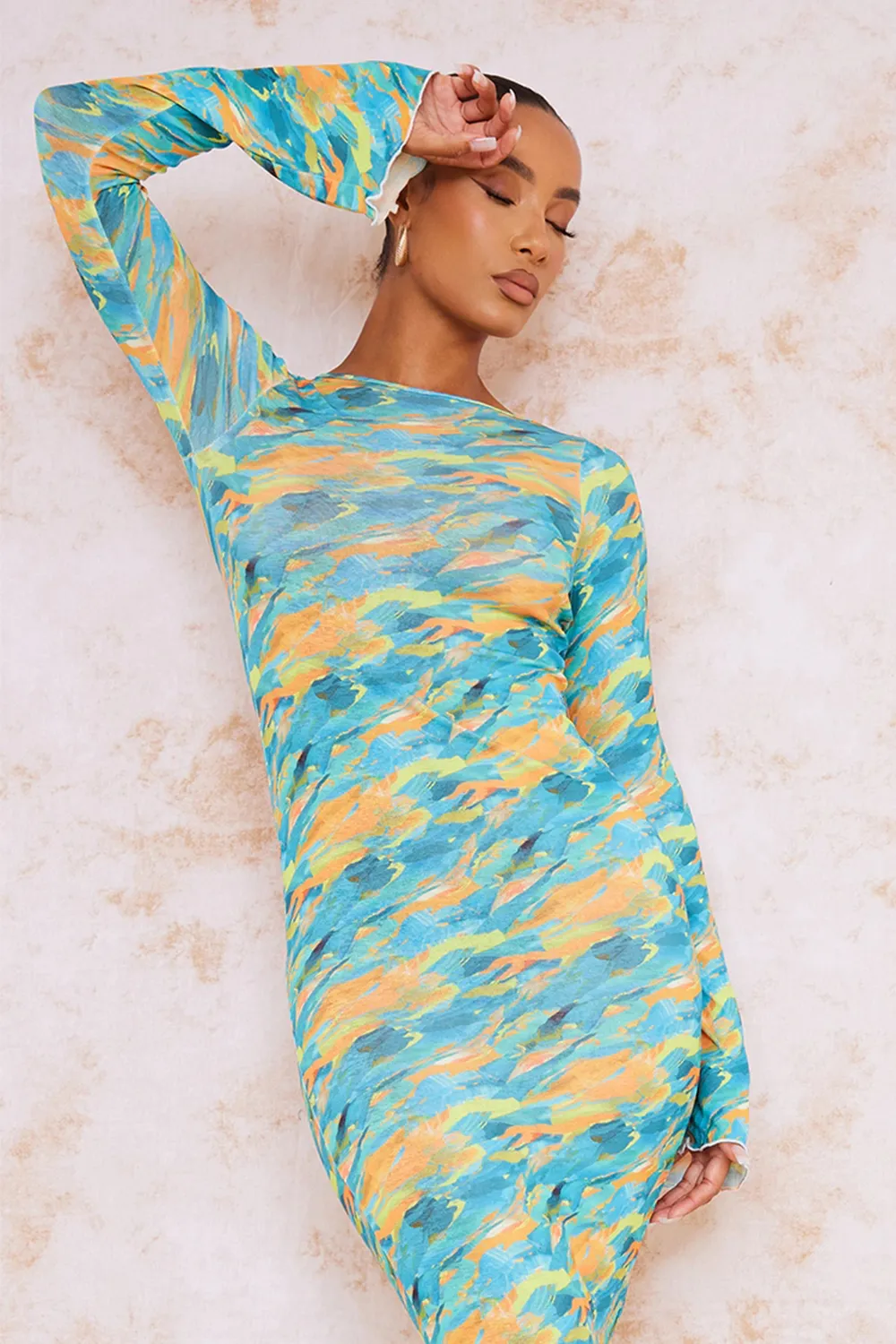 Orange Abstract Print Burnout Mesh Long Sleeve Maxi Dress