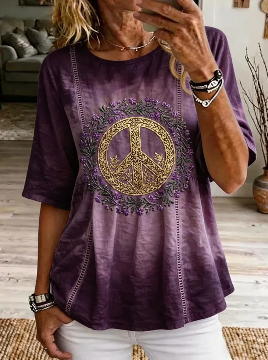 Women's Nashville Peace Sign Floral Wreath Printed T-shirt