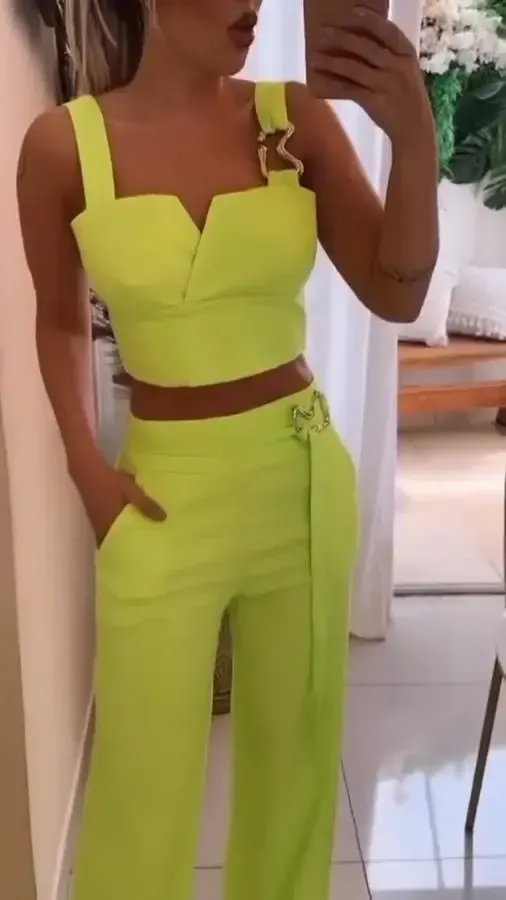 Women's Fashion Solid Color Suspender V-Neck Top Wide Leg Casual Pants Two-Piece Set