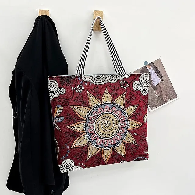 Women's Tote Shoulder Bag Canvas Tote Bag Canvas Shopping Holiday Zipper Large Capacity Foldable Lightweight Geometric Folk Style one Style Three Style two