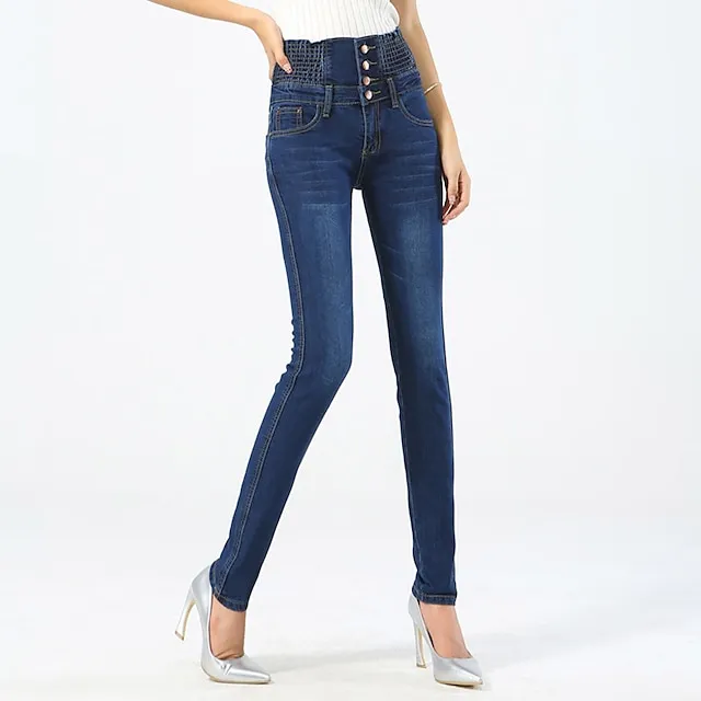 Women's Jeans Skinny Full Length Denim Side Pockets Stretchy High Waist Fashion Street Casual Light Blue B S M