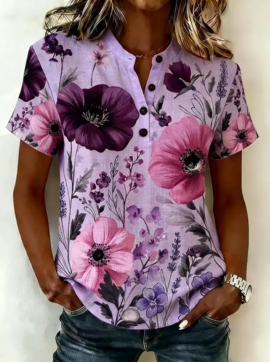 Women's Nashville Floral Botanical Printed Henley Shirt